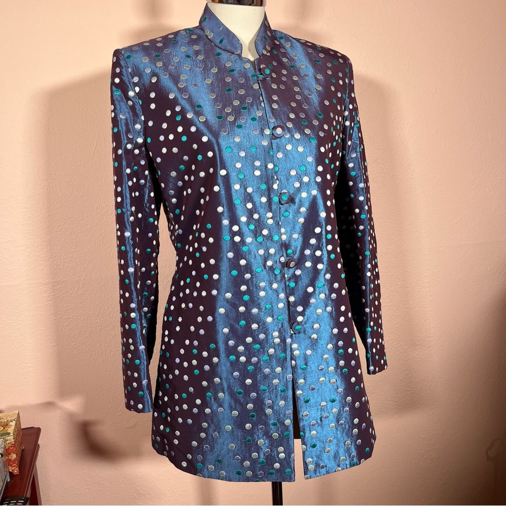 Vintage 1990 retro Art deco embroidered Polka dotted high collar Satin Blazer L